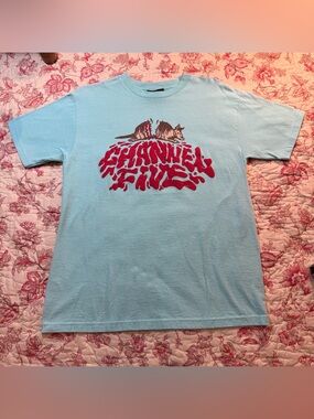 Sweet Channel Five Light Blue Tee with Red Logo and Armadillo Motif